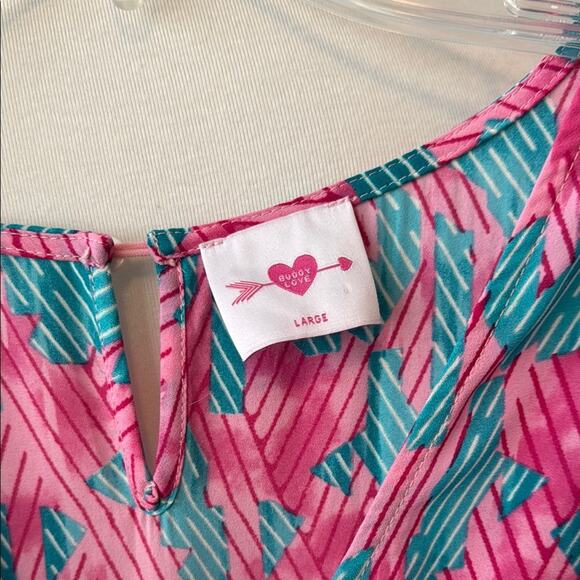 Buddy Love Blue Pink Long Sleeve Shorts V-Neck Romper Women's Large - Picture 2 of 7